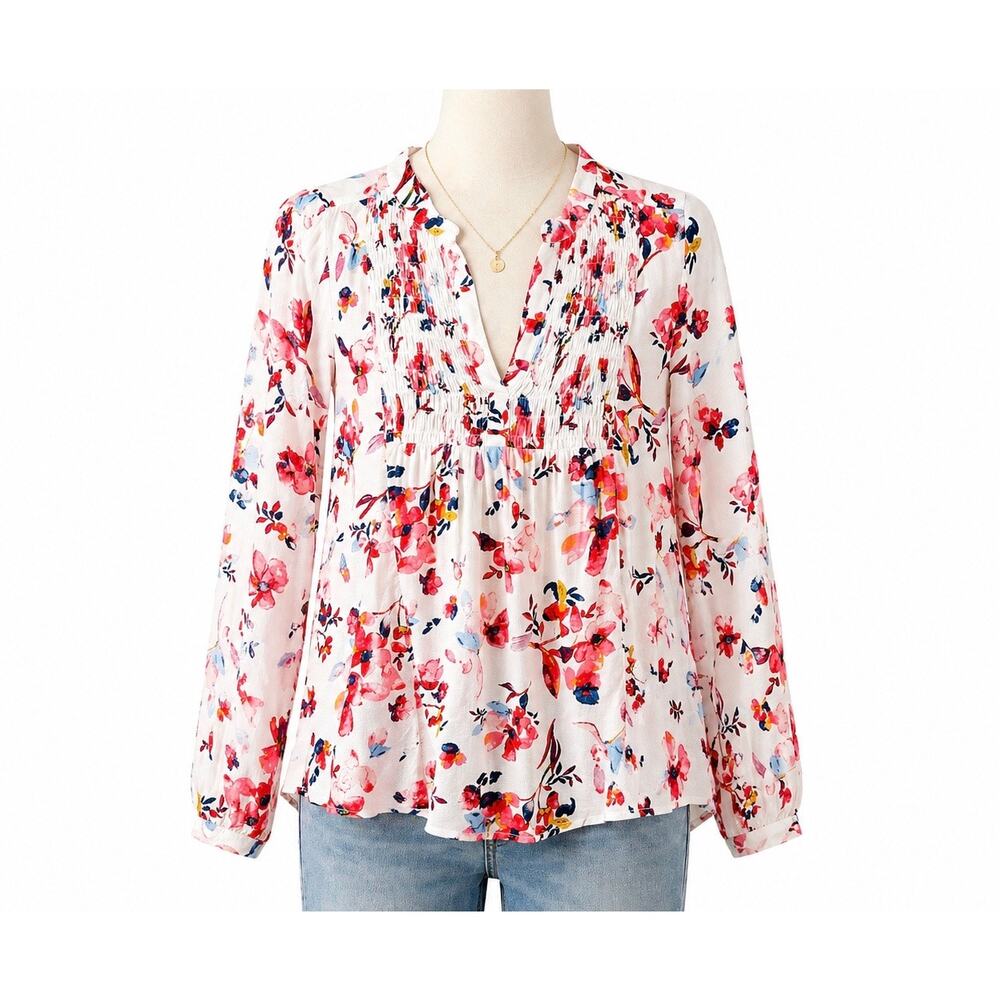 Lucky Brand Watercolor Floral Smocked Balloon Sleeve Blouse Cream Multi Size L